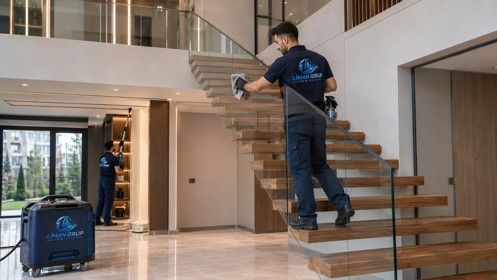 Liman Grup Temizlik personelinin Ankara'da profesyonel villa cam temizliği uygulaması